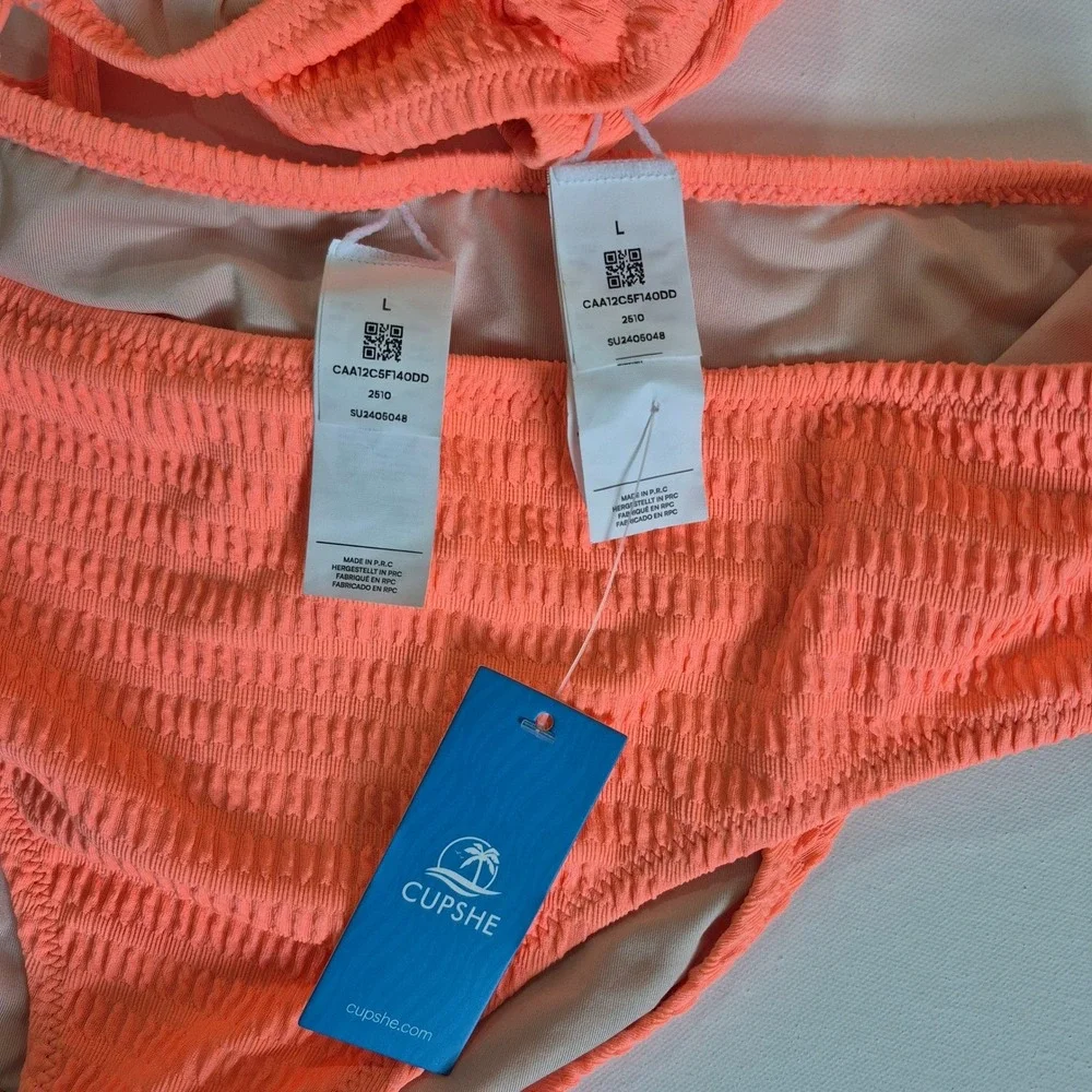 Cupshe Womens Neon Orange Smocked High Waisted Bikini‎ Set Size L New With Tags